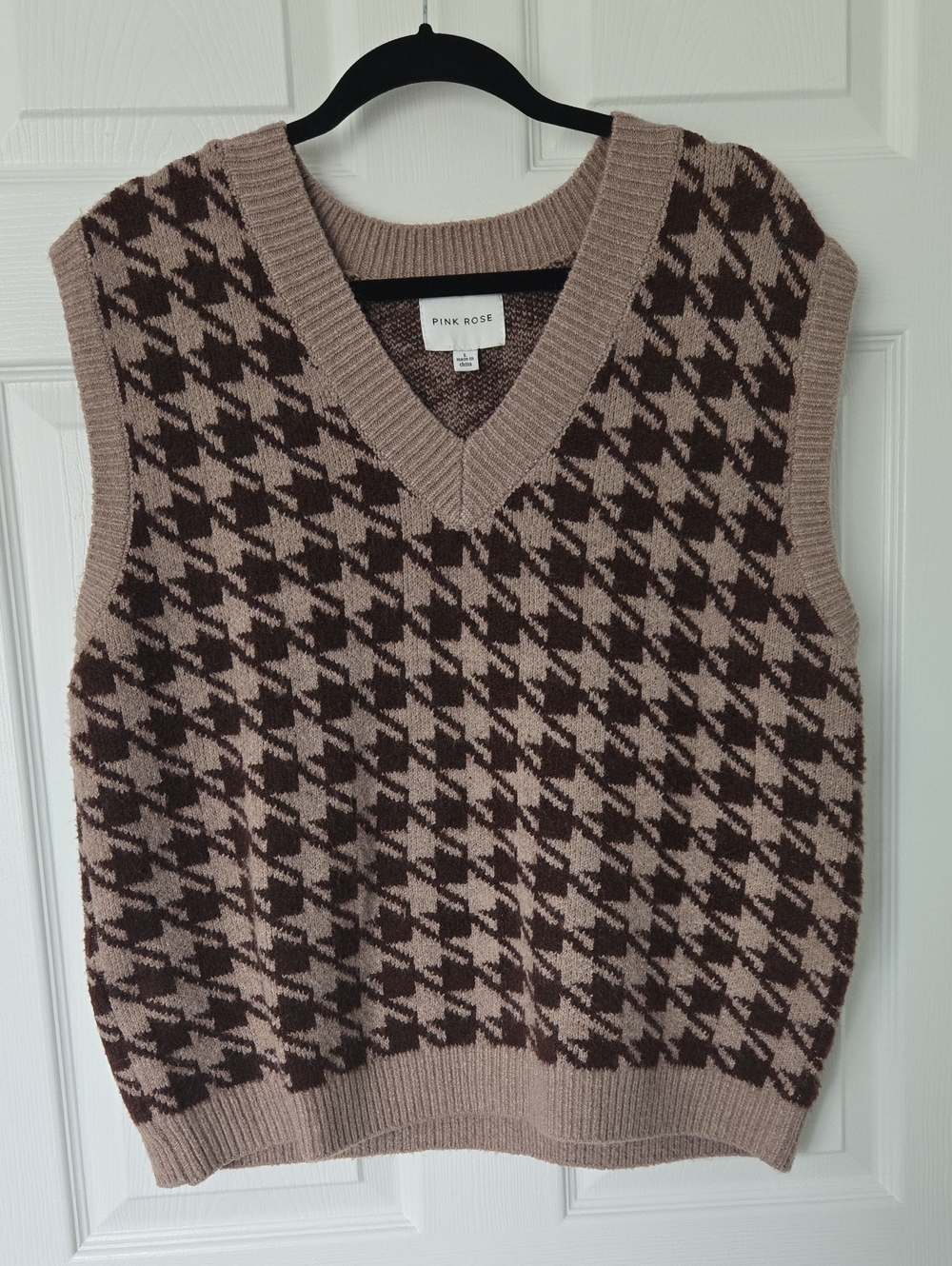 Pink Rose Brown & Beige Houndstooth V-Neck Sweater Vest